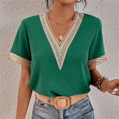Jovelle - Elegantes Damen-Sommer-T-Shirt mit Häkelkanten und V-Ausschnitt