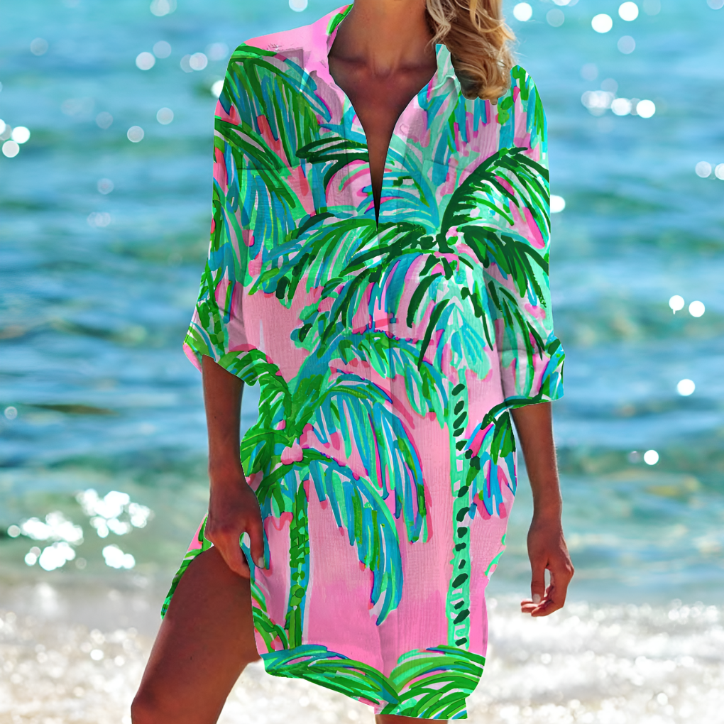 Strand Hemdblusenkleid – lockeres Beach Cover-Up mit Prints & Knopfleiste für Damen