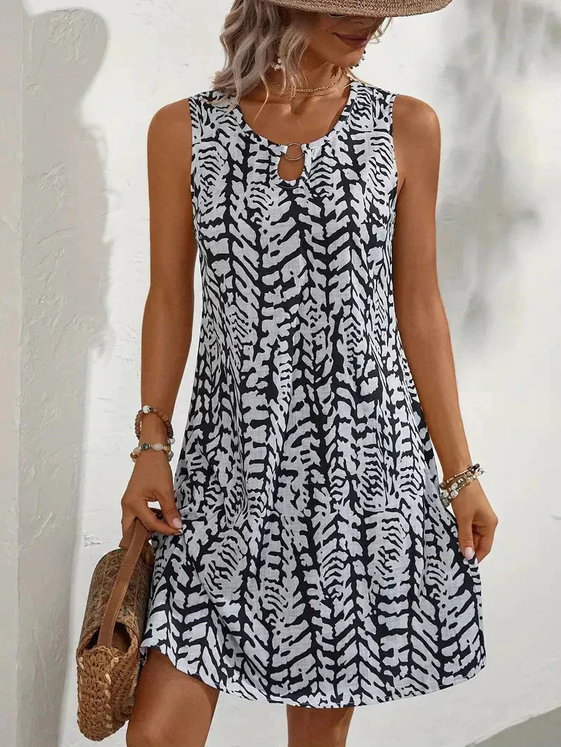 Ärmelloses Sommerkleid mit Print für Damen – Lockeres Freizeitkleid mit Rundhalsausschnitt