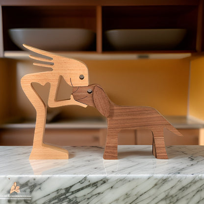 SculptAmical - Handgefertigte Holzskulptur – Symbol der Freundschaft – Hund & Mensch – 100 % Naturholz