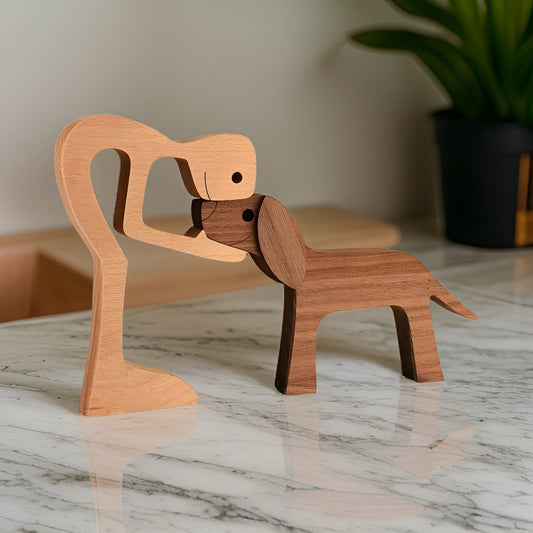 SculptAmical - Handgefertigte Holzskulptur – Symbol der Freundschaft – Hund & Mensch – 100 % Naturholz