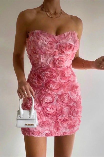 Ersine - Elegantes und Dehnbares Mini-Kleid ohne Träger mit Pailletten, Rüschen und roten sowie rosa Blumenmustern