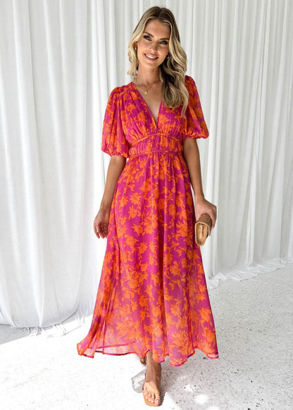 Elegantes V-Ausschnitt Maxikleid mit floralem Print – Luftiges Sommerkleid für Damen
