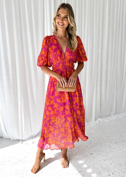 Elegantes V-Ausschnitt Maxikleid mit floralem Print – Luftiges Sommerkleid für Damen