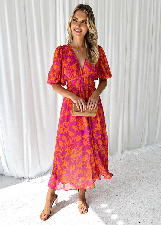 Elegantes V-Ausschnitt Maxikleid mit floralem Print – Luftiges Sommerkleid für Damen
