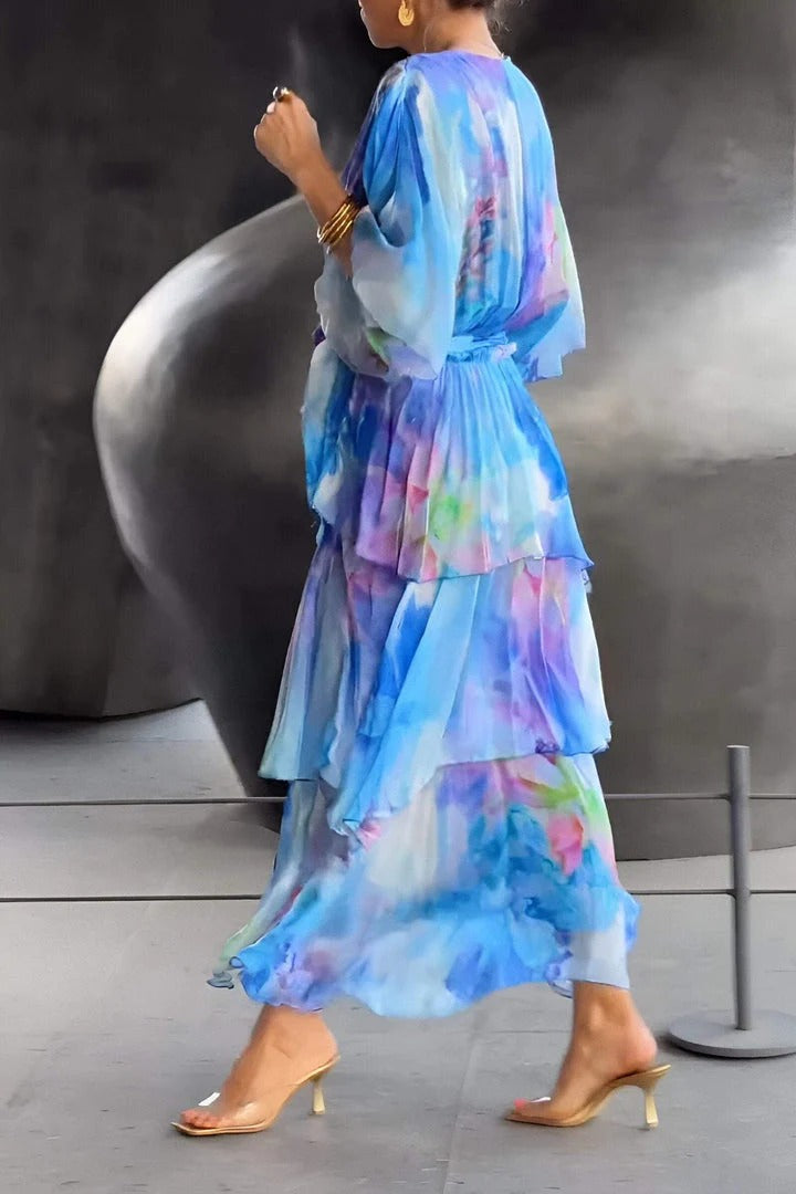 Elegantes Maxikleid für Frauen mit Farbverlauf Luftiges Sommerkleid mit Volants und Gürtel
