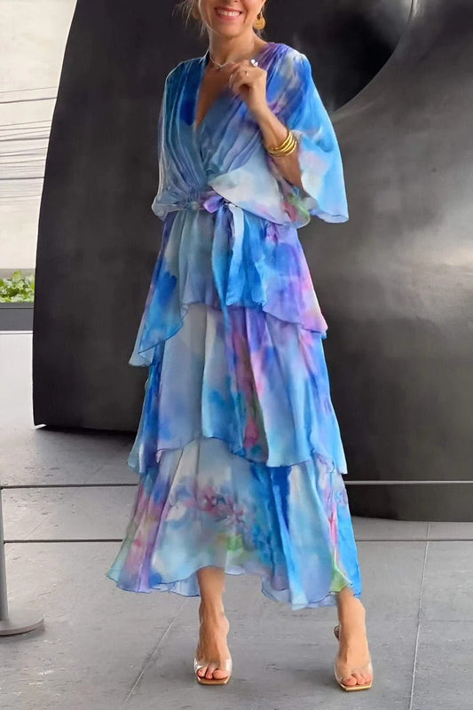 Elegantes Maxikleid für Frauen mit Farbverlauf Luftiges Sommerkleid mit Volants und Gürtel