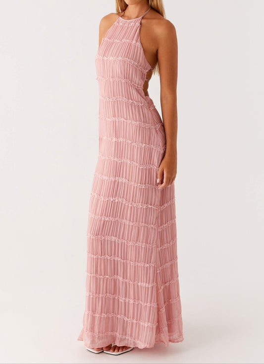 Elegantes Maxikleid mit Neckholder-Ausschnitt für Damen – Plissiertes Abendkleid mit Rückenfrei-Design
