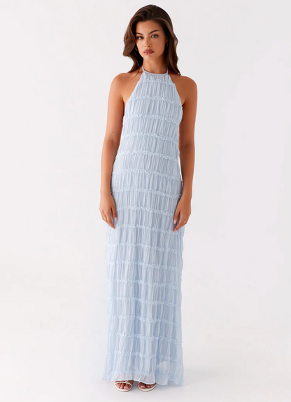 Elegantes Maxikleid mit Neckholder-Ausschnitt für Damen – Plissiertes Abendkleid mit Rückenfrei-Design