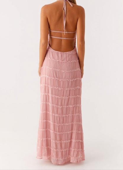 Elegantes Maxikleid mit Neckholder-Ausschnitt für Damen – Plissiertes Abendkleid mit Rückenfrei-Design
