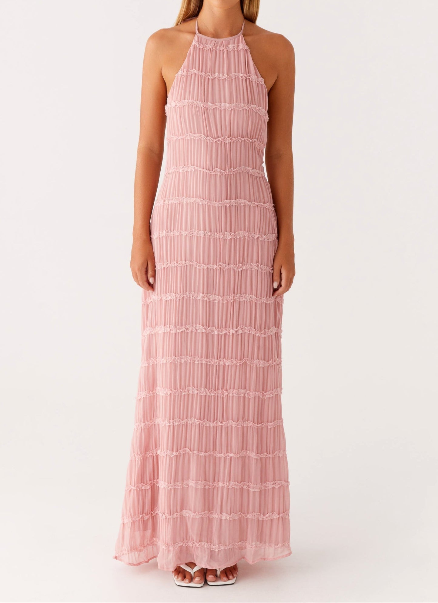 Elegantes Maxikleid mit Neckholder-Ausschnitt für Damen – Plissiertes Abendkleid mit Rückenfrei-Design