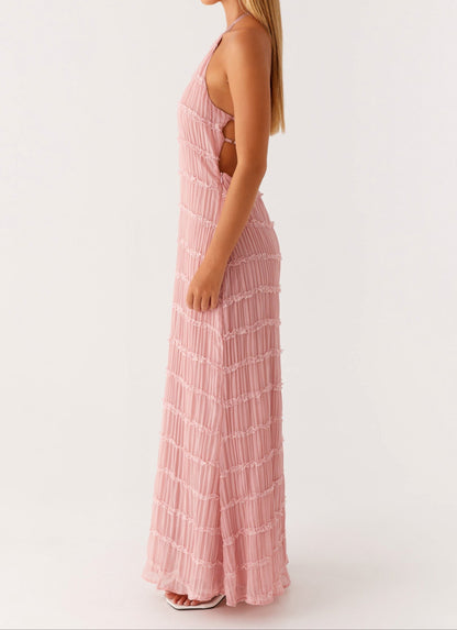 Elegantes Maxikleid mit Neckholder-Ausschnitt für Damen – Plissiertes Abendkleid mit Rückenfrei-Design