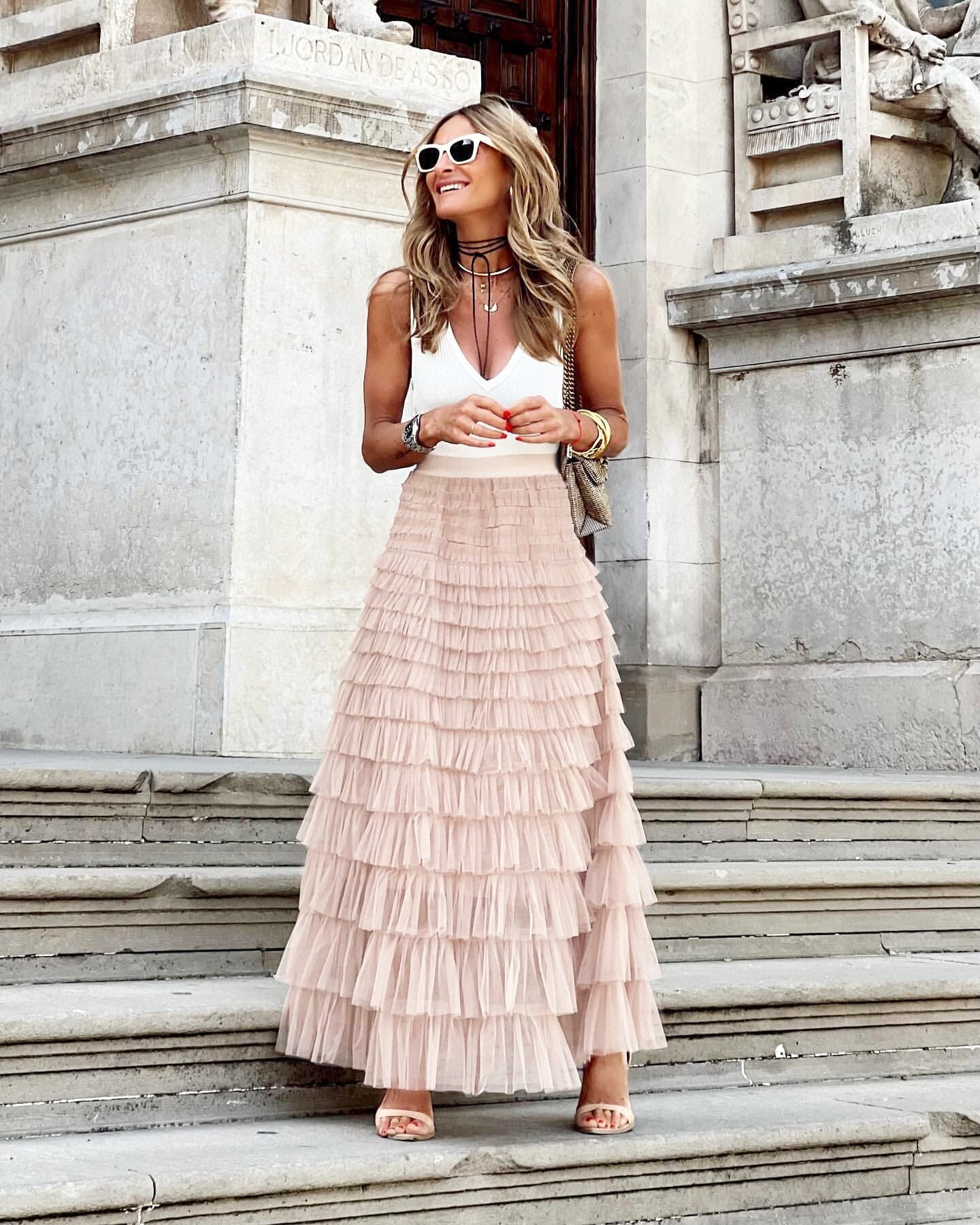 Esméria - Eleganter Maxi-Rock aus Tüll für Frühling und Sommer mit Überlappenden Volants