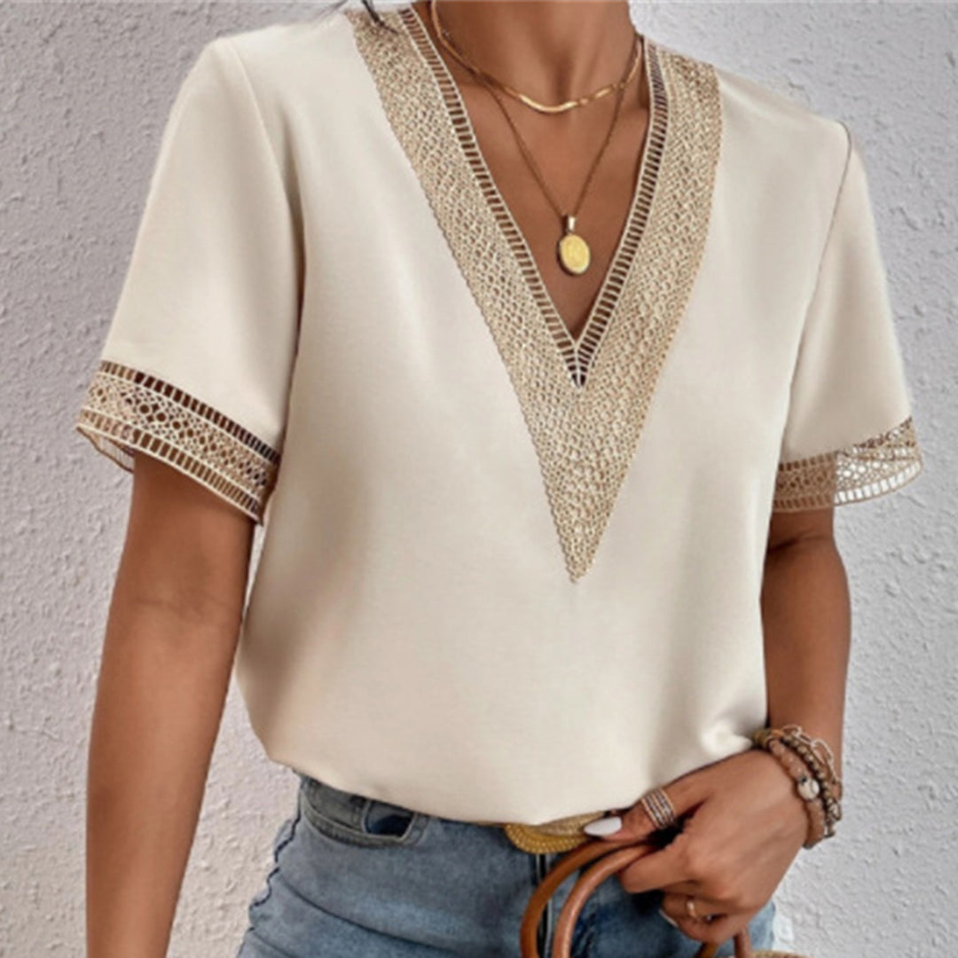 Jovelle - Elegantes Damen-Sommer-T-Shirt mit Häkelkanten und V-Ausschnitt