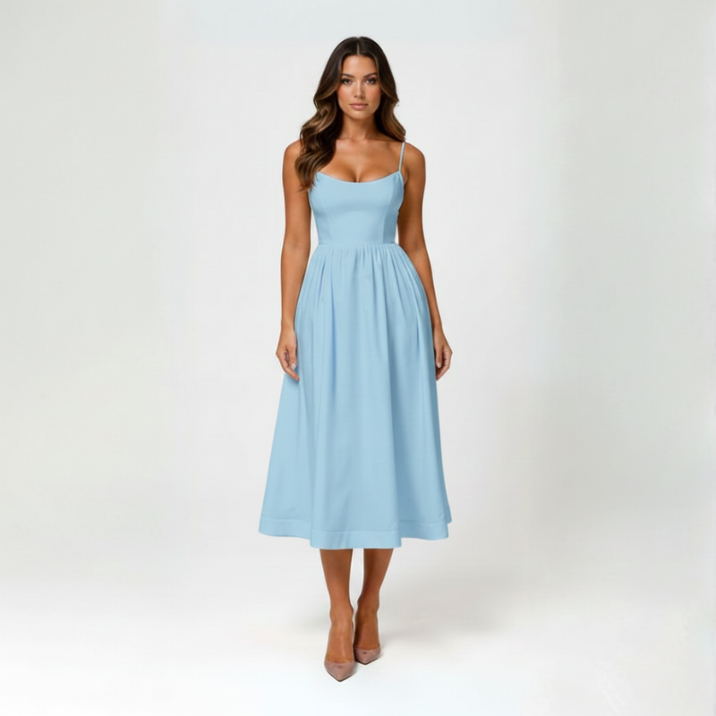 Elegantes Midi Sommerkleid mit Spaghettiträgern & taillierter Passform für Damen – Leicht & Feminin