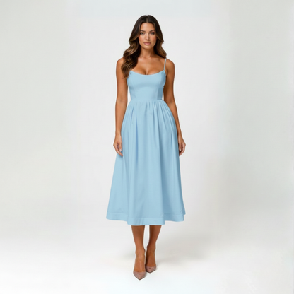 Elegantes Midi Sommerkleid mit Spaghettiträgern & taillierter Passform für Damen – Leicht & Feminin