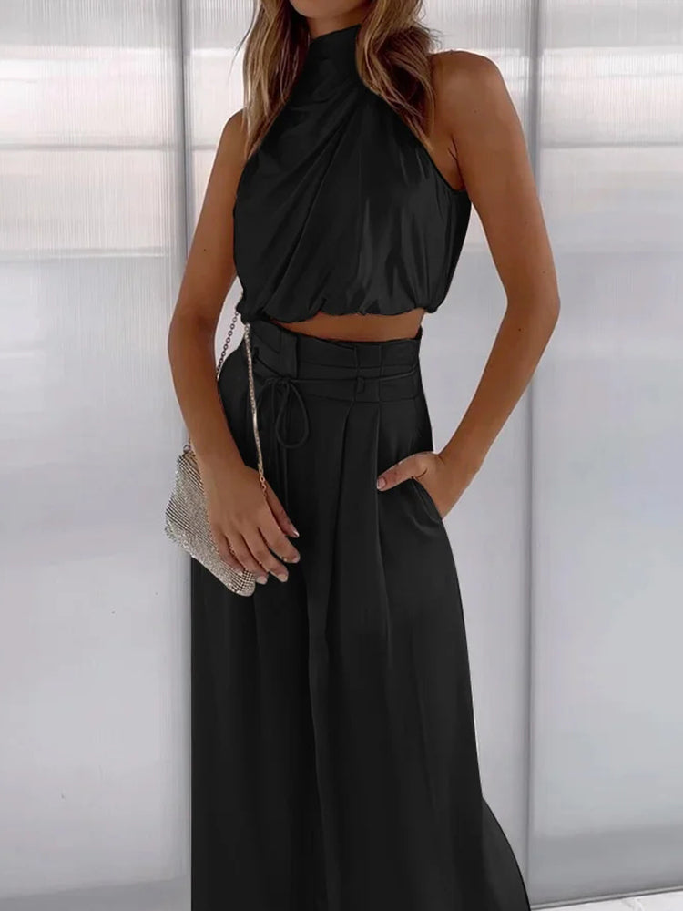 Elegantes Zweiteiler-Set mit Neckholder-Top für Damen – Weite High-Waist Hose für besondere Anlässe