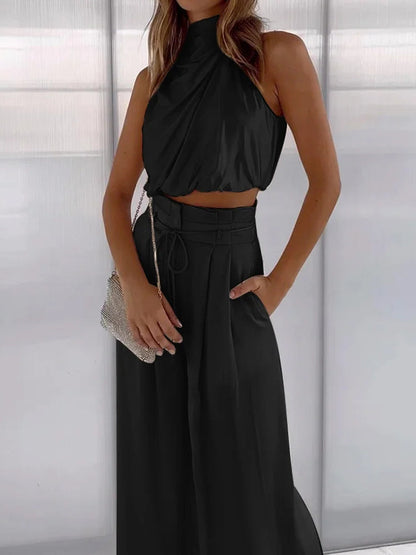 Elegantes Zweiteiler-Set mit Neckholder-Top für Damen – Weite High-Waist Hose für besondere Anlässe