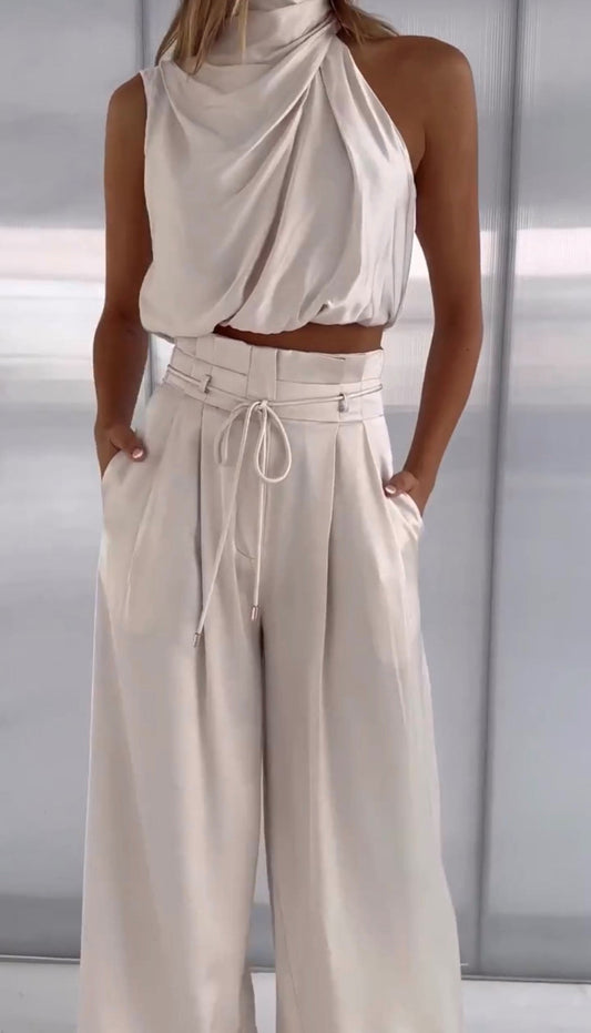 Elegantes Zweiteiler-Set mit Neckholder-Top für Damen – Weite High-Waist Hose für besondere Anlässe