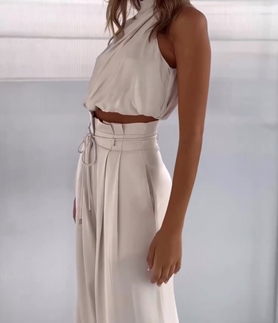 Elegantes Zweiteiler-Set mit Neckholder-Top für Damen – Weite High-Waist Hose für besondere Anlässe