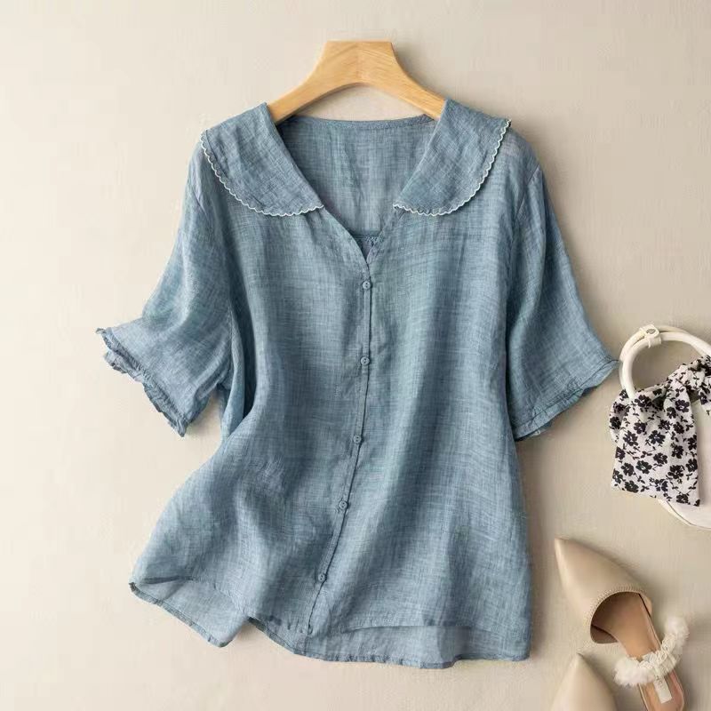 Leichte Sommerbluse Damen mit Kragen – Luftige Kurzarm Bluse aus Leinen-Look