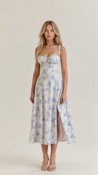 Sommerliches Midi Kleid für Damen mit Blumenprint – Figurbetontes Trägerkleid mit Schlitz & fließendem Rock
