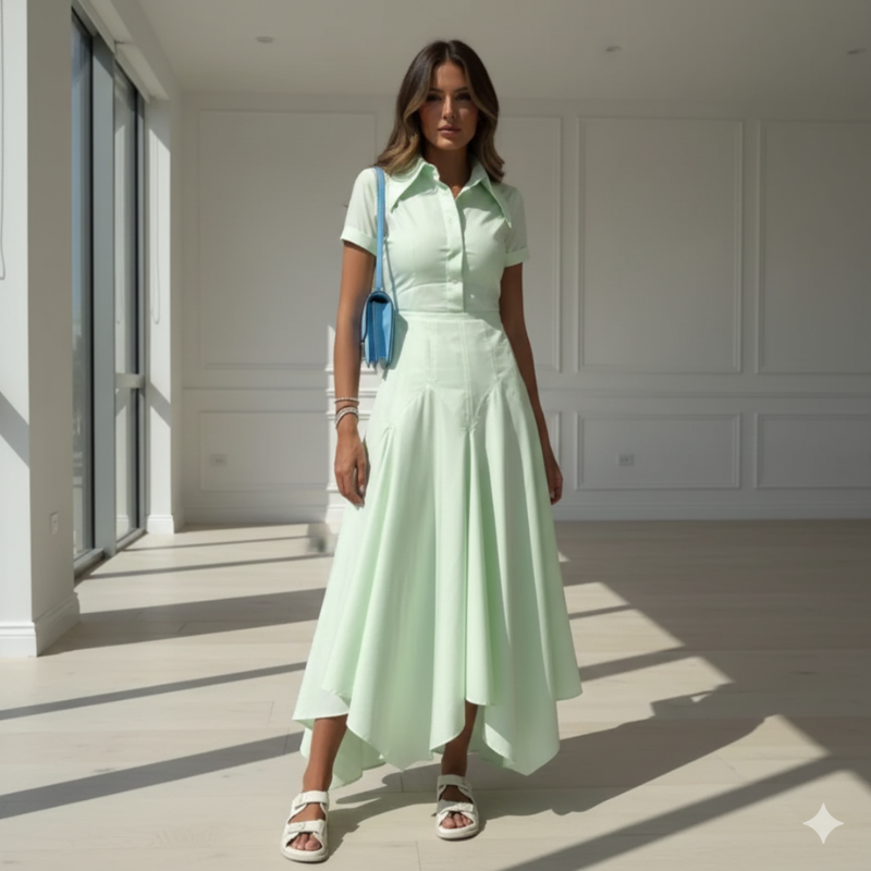 Elegantes Hemdblusen Midi-Kleid mit taillierter Passform & fließendem Rock für Damen – Feminin & Stilvoll