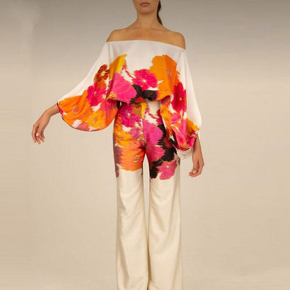 Maëlys - Elegantes Zweiteiliges Ensemble für Frühling und Sommer mit Weiten Ärmeln und Off-Shoulder Design, Hochtaillierte Palazzo-Hosen und Glänzenden Mustern