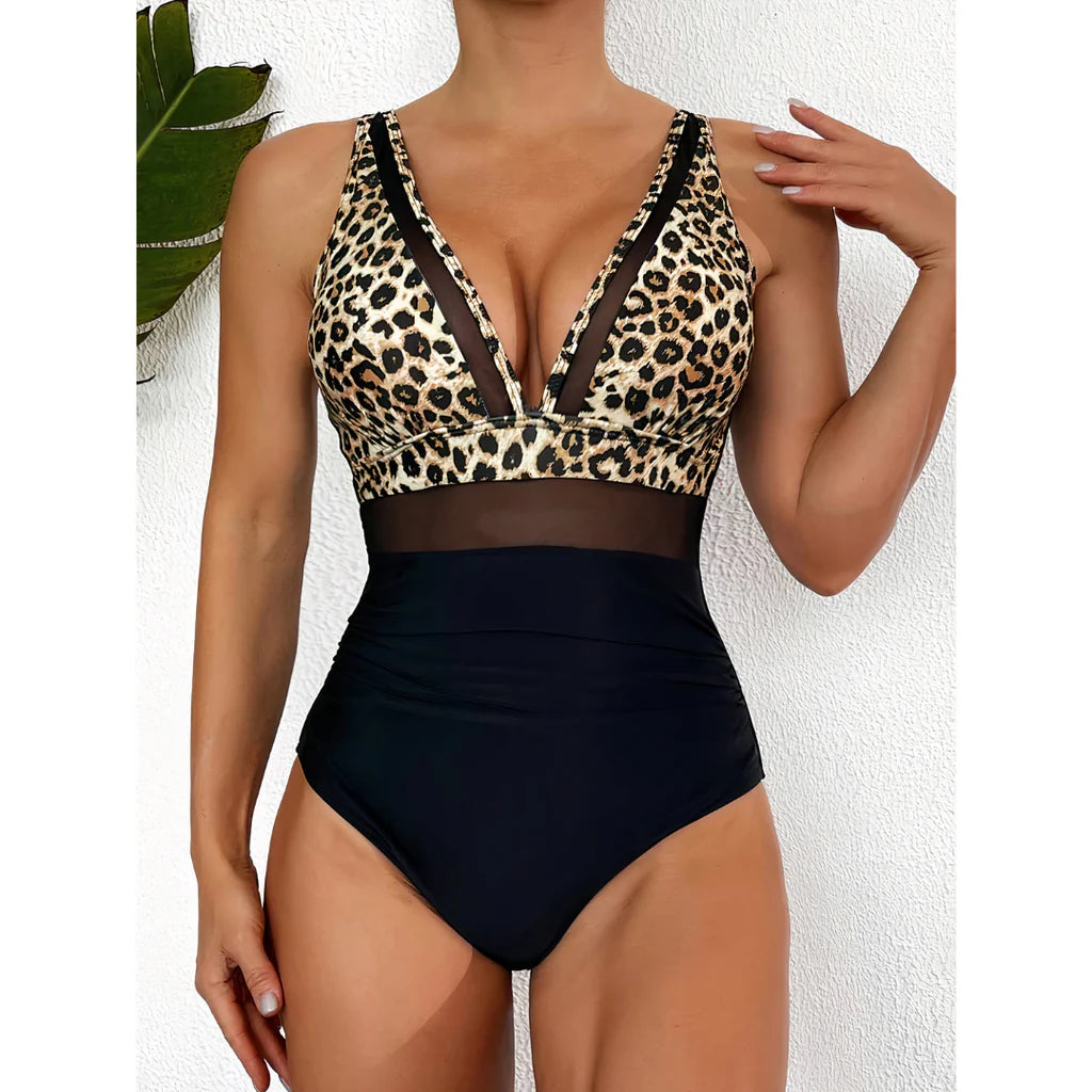 Eleganter Badeanzug für Damen mit Mesh-Details – Tiefem V-Ausschnitt & Figurformend
