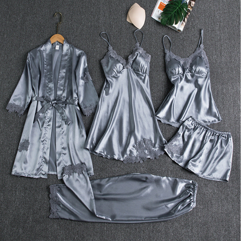 5-teiliges Damen Satin Nachtwäsche Set – Elegante Lingerie mit Spitze & Morgenmantel