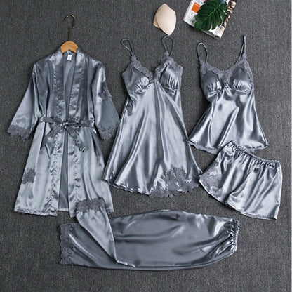5-teiliges Damen Satin Nachtwäsche Set – Elegante Lingerie mit Spitze & Morgenmantel
