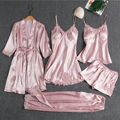 5-teiliges Damen Satin Nachtwäsche Set – Elegante Lingerie mit Spitze & Morgenmantel