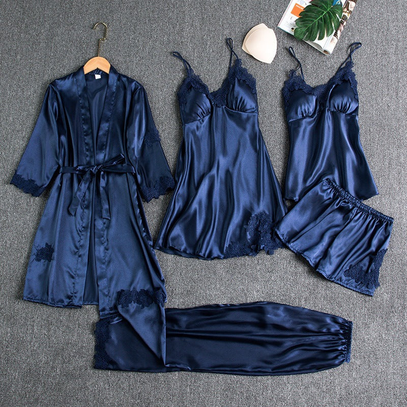 5-teiliges Damen Satin Nachtwäsche Set – Elegante Lingerie mit Spitze & Morgenmantel