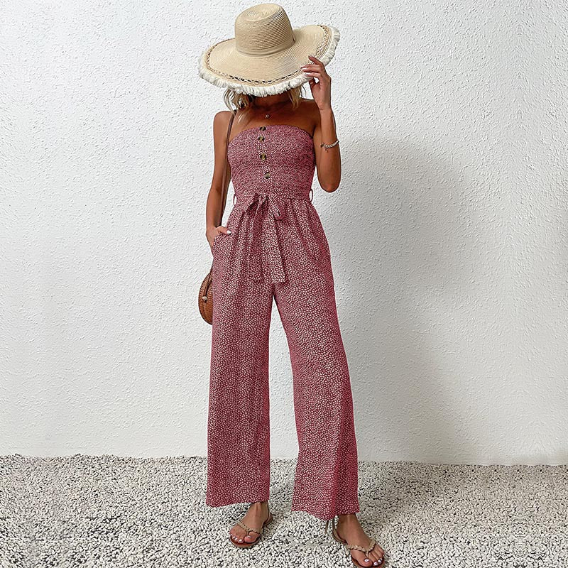 Valéria - Damen Sommeroverall, leicht und elastisch, schulterfrei, mit Leopardenmuster und Taillengürtel