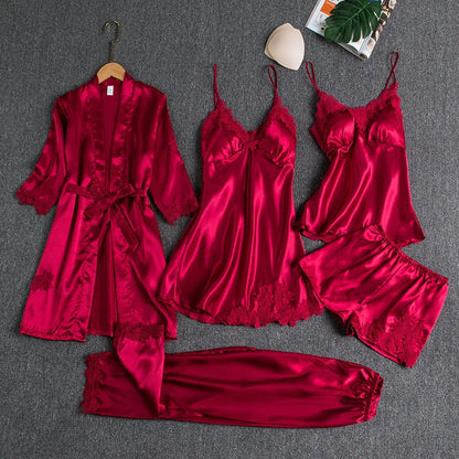 5-teiliges Damen Satin Nachtwäsche Set – Elegante Lingerie mit Spitze & Morgenmantel