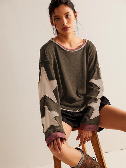 Lässiger Oversize Sternen-Pullover im Vintage Look – Bequemer Freizeit Sweater für Damen