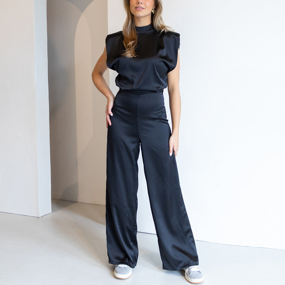 Ézéthielle - Elegante Satin-Overall mit kurzen Ärmeln und offenem Rücken für Frauen