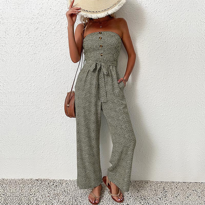 Valéria - Damen Sommeroverall, leicht und elastisch, schulterfrei, mit Leopardenmuster und Taillengürtel