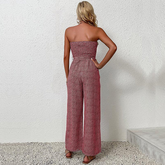 Valéria - Damen Sommeroverall, leicht und elastisch, schulterfrei, mit Leopardenmuster und Taillengürtel