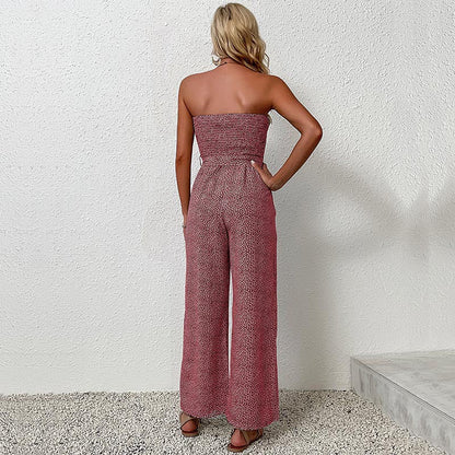 Valéria - Damen Sommeroverall, leicht und elastisch, schulterfrei, mit Leopardenmuster und Taillengürtel