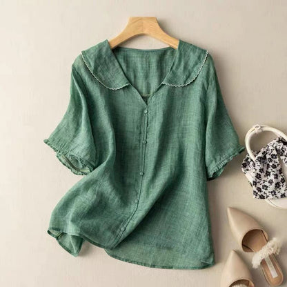 Leichte Sommerbluse Damen mit Kragen – Luftige Kurzarm Bluse aus Leinen-Look