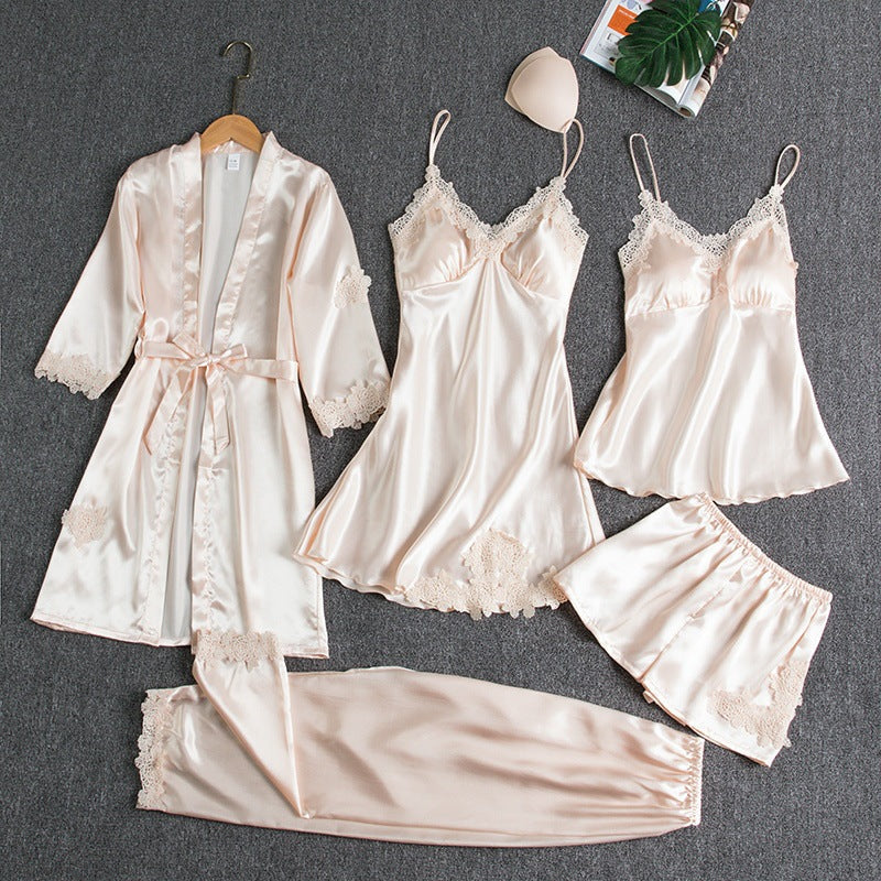 5-teiliges Damen Satin Nachtwäsche Set – Elegante Lingerie mit Spitze & Morgenmantel