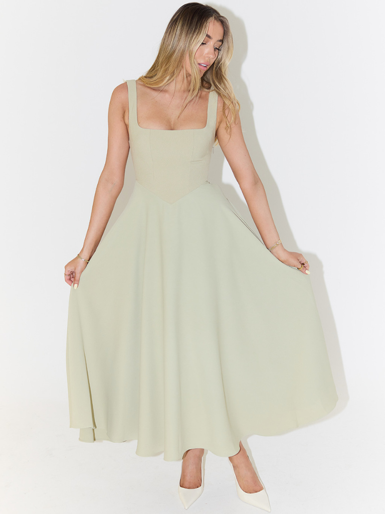 Elegantes Midi Kleid mit eckigem Ausschnitt & A-Linie – Figurbetontes Sommerkleid für Damen