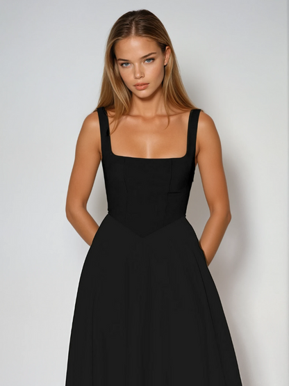 Elegantes Midi Kleid mit eckigem Ausschnitt & A-Linie – Figurbetontes Sommerkleid für Damen