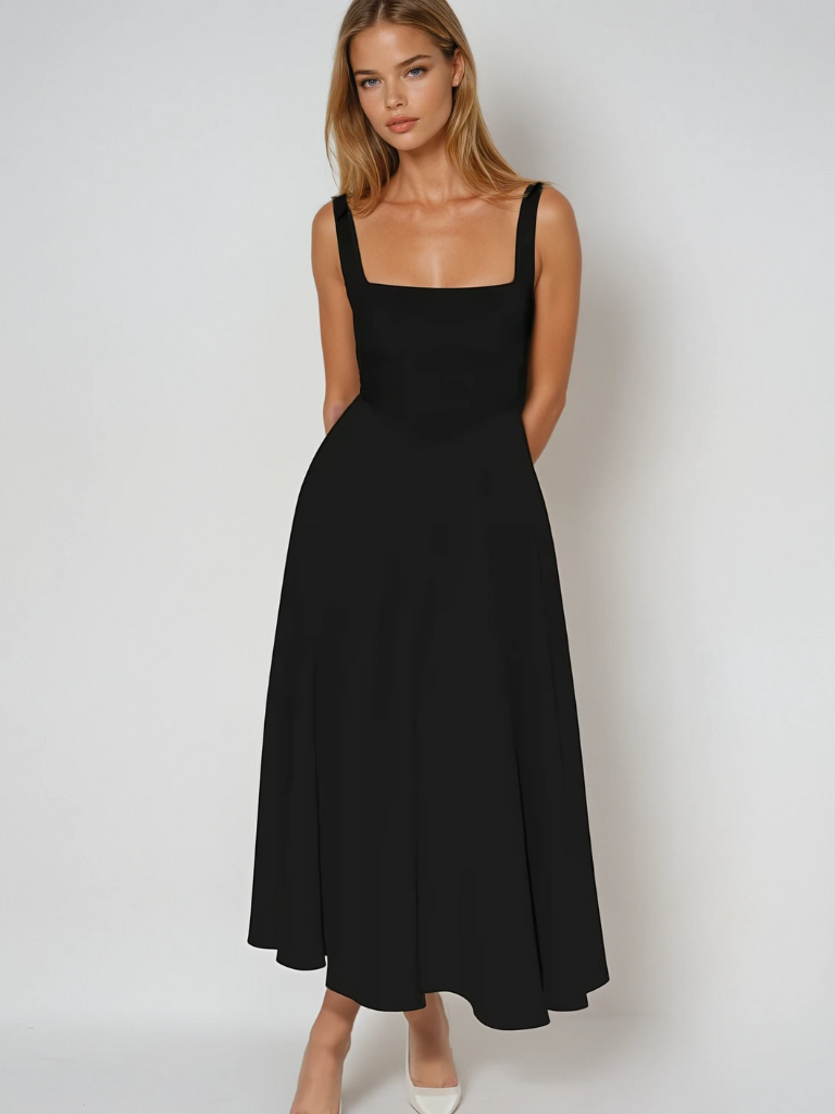 Elegantes Midi Kleid mit eckigem Ausschnitt & A-Linie – Figurbetontes Sommerkleid für Damen