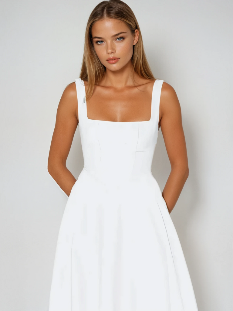 Elegantes Midi Kleid mit eckigem Ausschnitt & A-Linie – Figurbetontes Sommerkleid für Damen