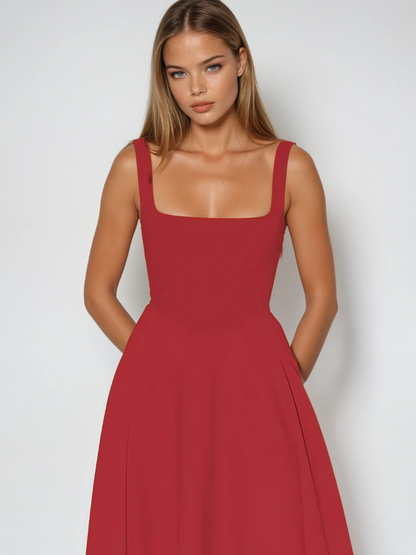 Elegantes Midi Kleid mit eckigem Ausschnitt & A-Linie – Figurbetontes Sommerkleid für Damen