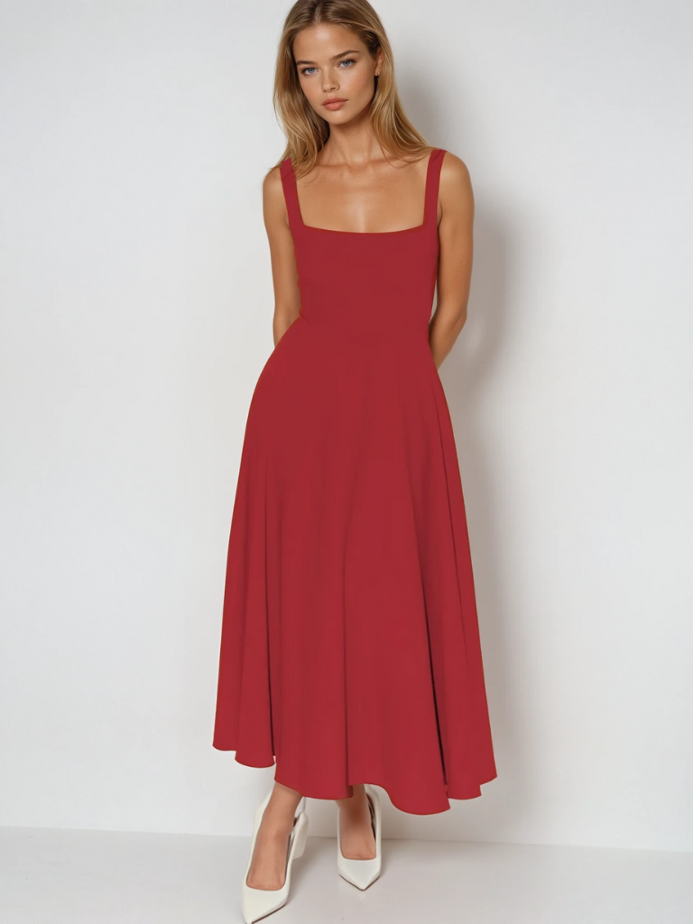 Elegantes Midi Kleid mit eckigem Ausschnitt & A-Linie – Figurbetontes Sommerkleid für Damen