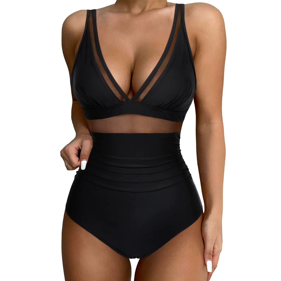 Eleganter Badeanzug für Damen mit Mesh-Details – Tiefem V-Ausschnitt & Figurformend