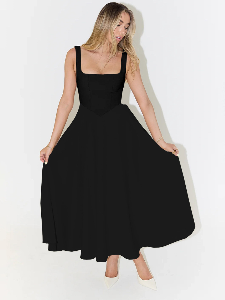 Elegantes Midi Kleid mit eckigem Ausschnitt & A-Linie – Figurbetontes Sommerkleid für Damen